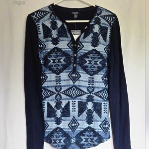 Chaps Navy and Light Blue Geometric Thermal Top Size M, NWT